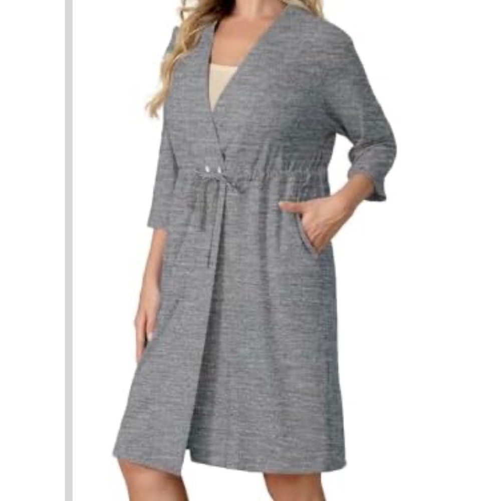 Mastecromy robe with Pockets For Drains.Gray Knit Robe with Drawstring Waist